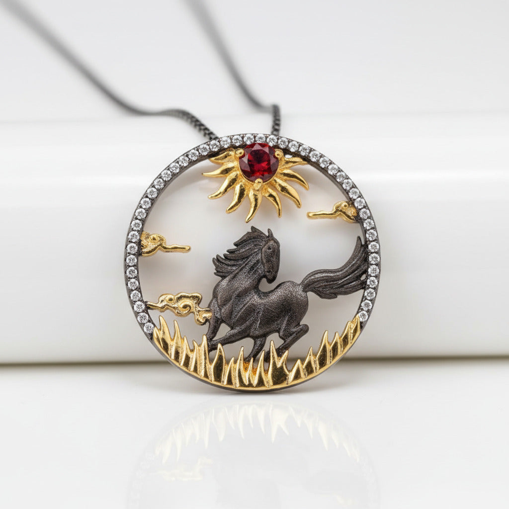 Year Of The Horse- Red Garnet Gemstone Handmade Sun & Horse Necklace-Black Diamonds New York