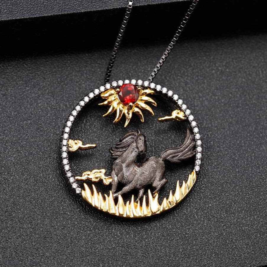 Year Of The Horse-Natural Red Garnet Gemstone Handmade Sun & Horse Necklace-Black Diamonds New York