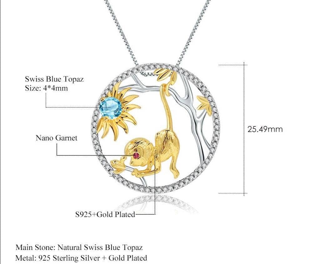 Year Of The Monkey-Natural Swiss Blue Topaz Handmade Monkey Necklace-Black Diamonds New York
