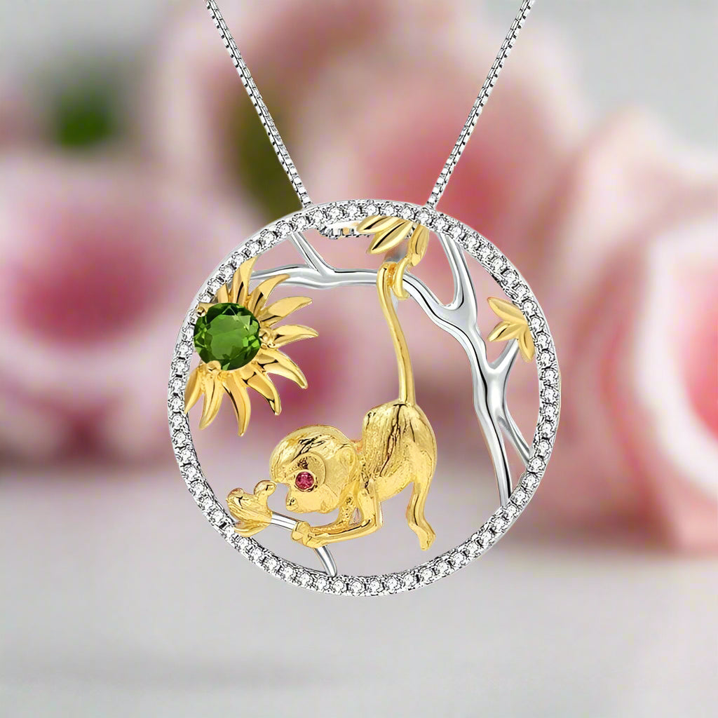 Year Of The Monkey-Natural Swiss Blue Topaz Handmade Monkey Necklace-Black Diamonds New York