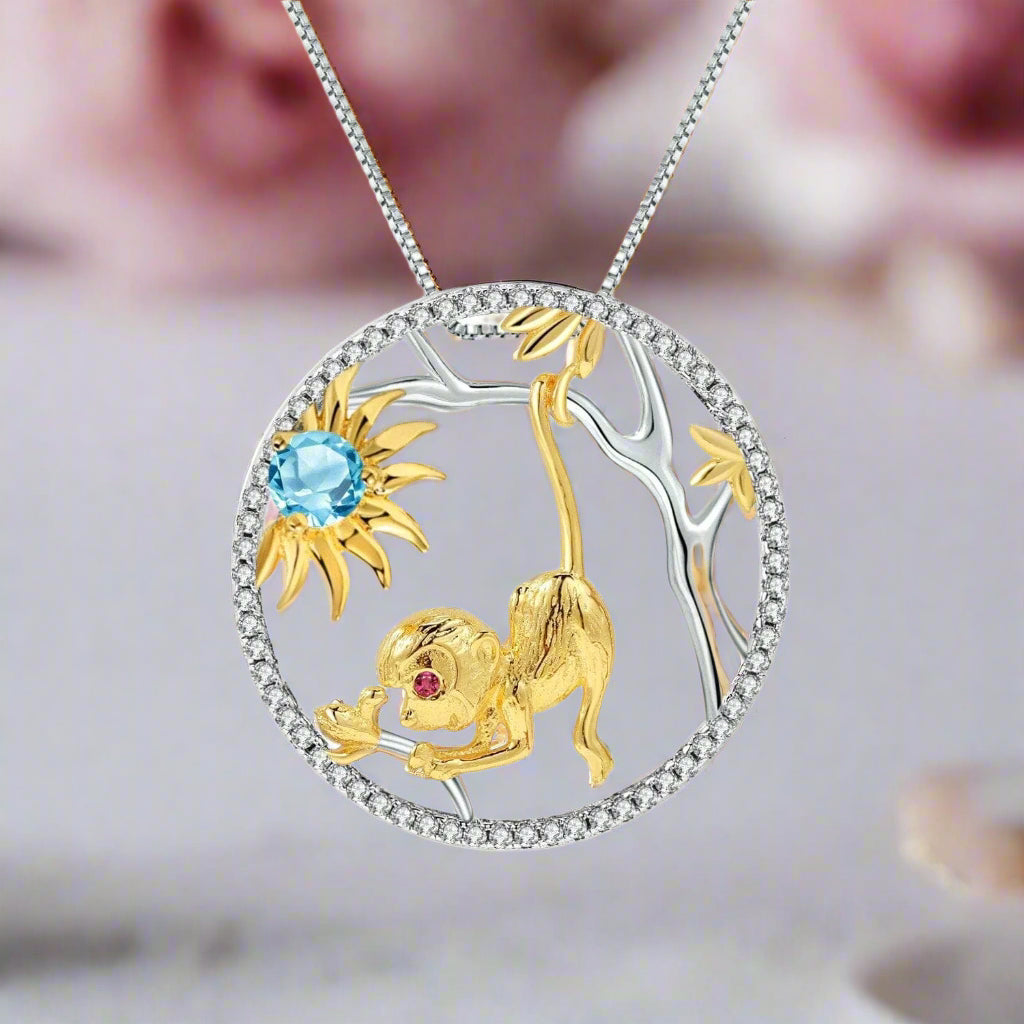 Year Of The Monkey-Natural Swiss Blue Topaz Handmade Monkey Necklace-Black Diamonds New York