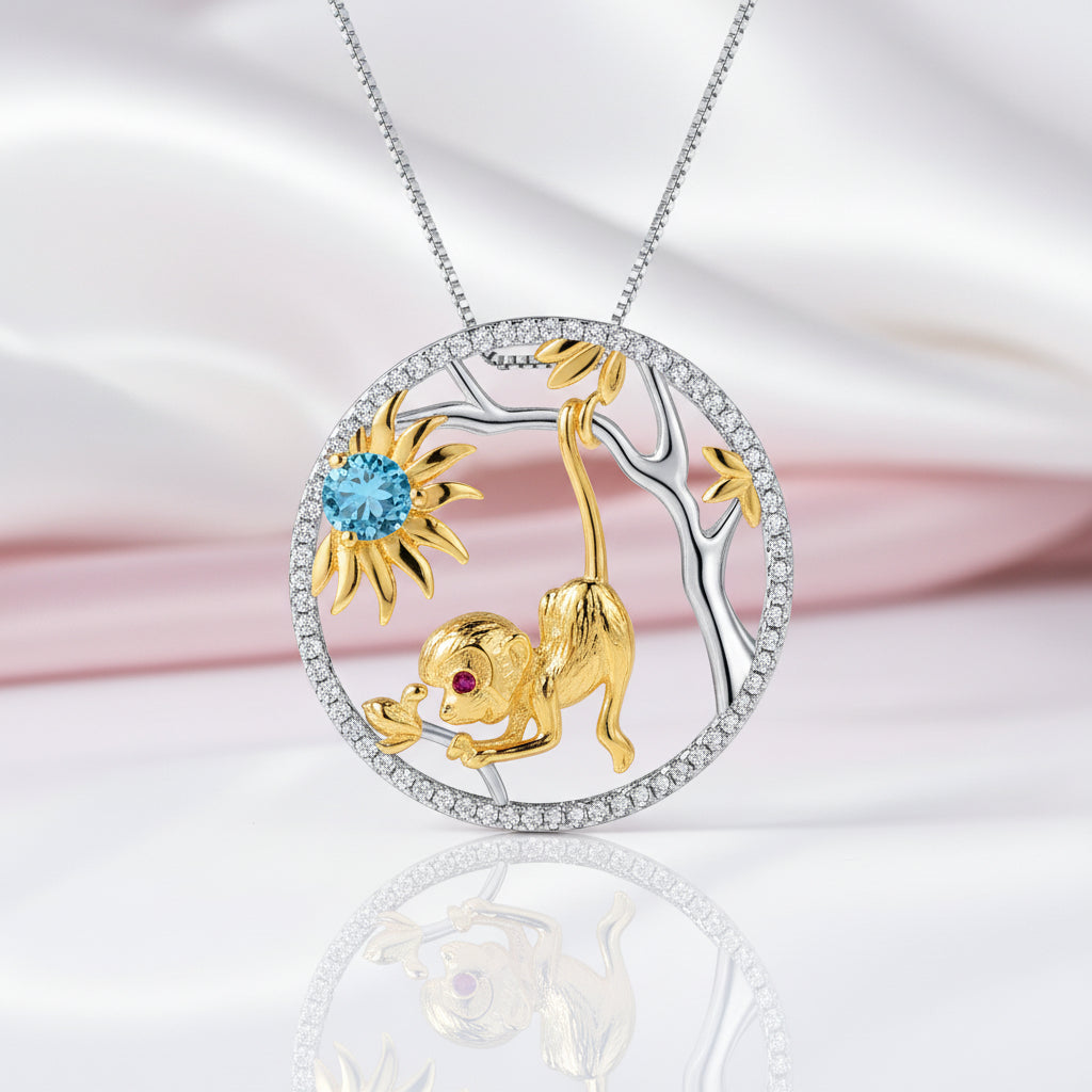 Year Of The Monkey-Swiss Blue Topaz Handmade Monkey Necklace-Black Diamonds New York