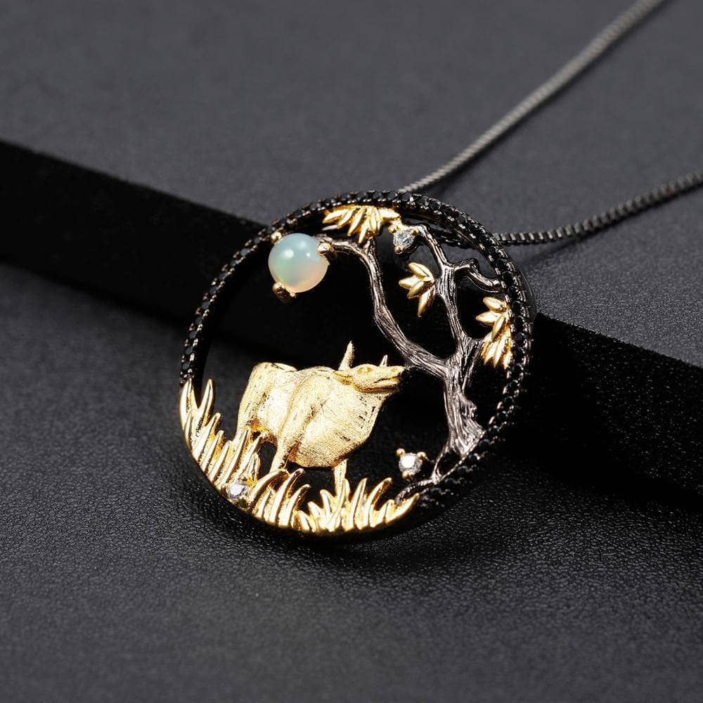 Year Of The Ox- Natural African Opal Gemstone Ox Necklace-Black Diamonds New York