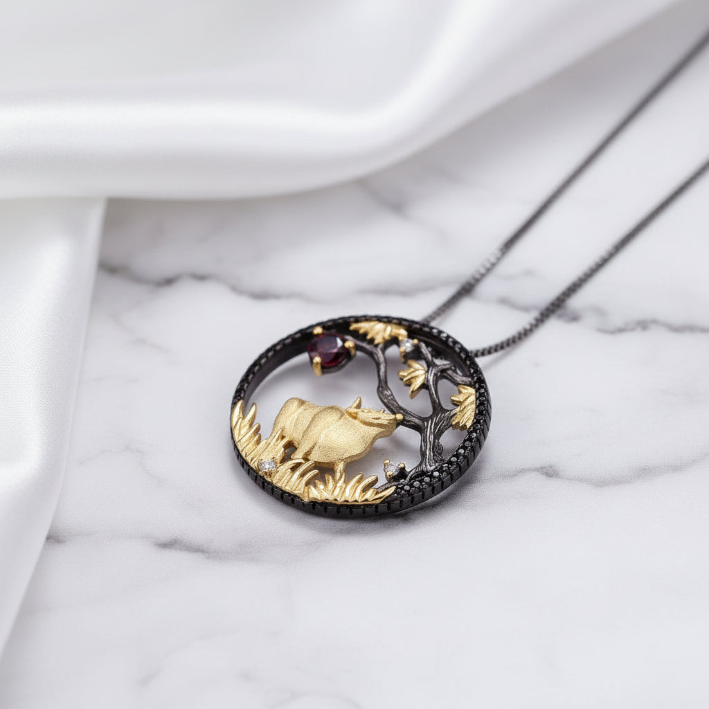 Year Of The Ox-Red Garnet Handmade Patient Ox Necklace-Black Diamonds New York