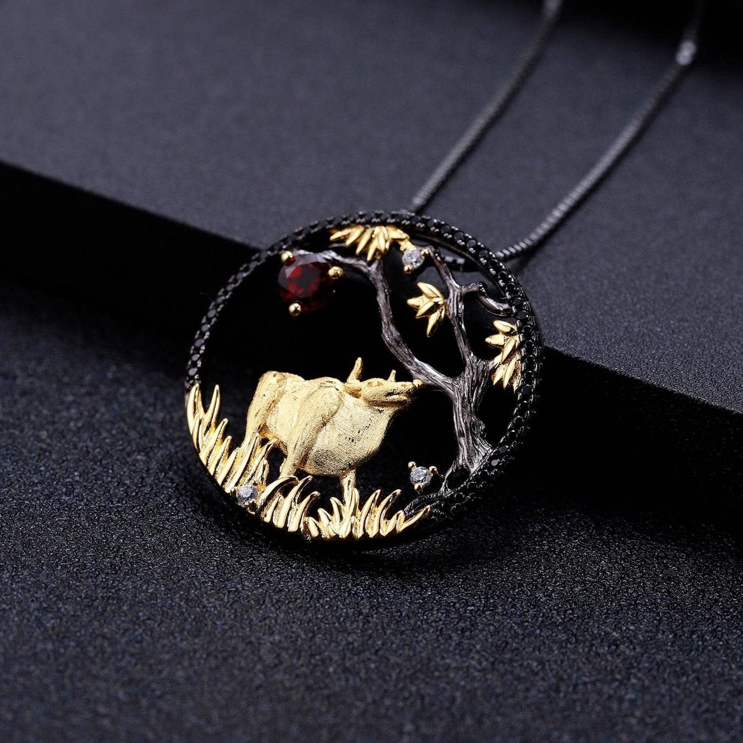 Year Of The Ox-Natural Red Garnet Handmade Patient Ox Necklace - Black Diamonds New York
