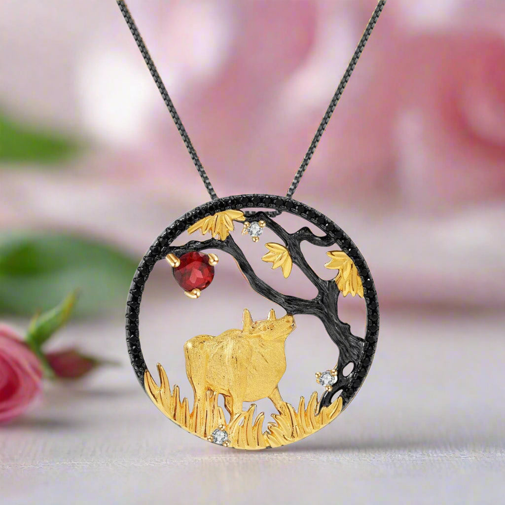 Year Of The Ox-Natural Red Garnet Handmade Patient Ox Necklace-Black Diamonds New York