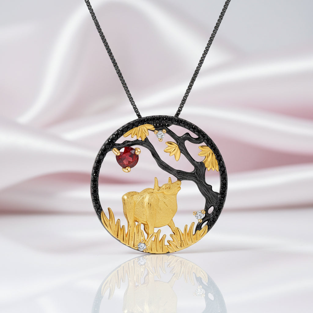 Year Of The Ox-Red Garnet Handmade Patient Ox Necklace-Black Diamonds New York