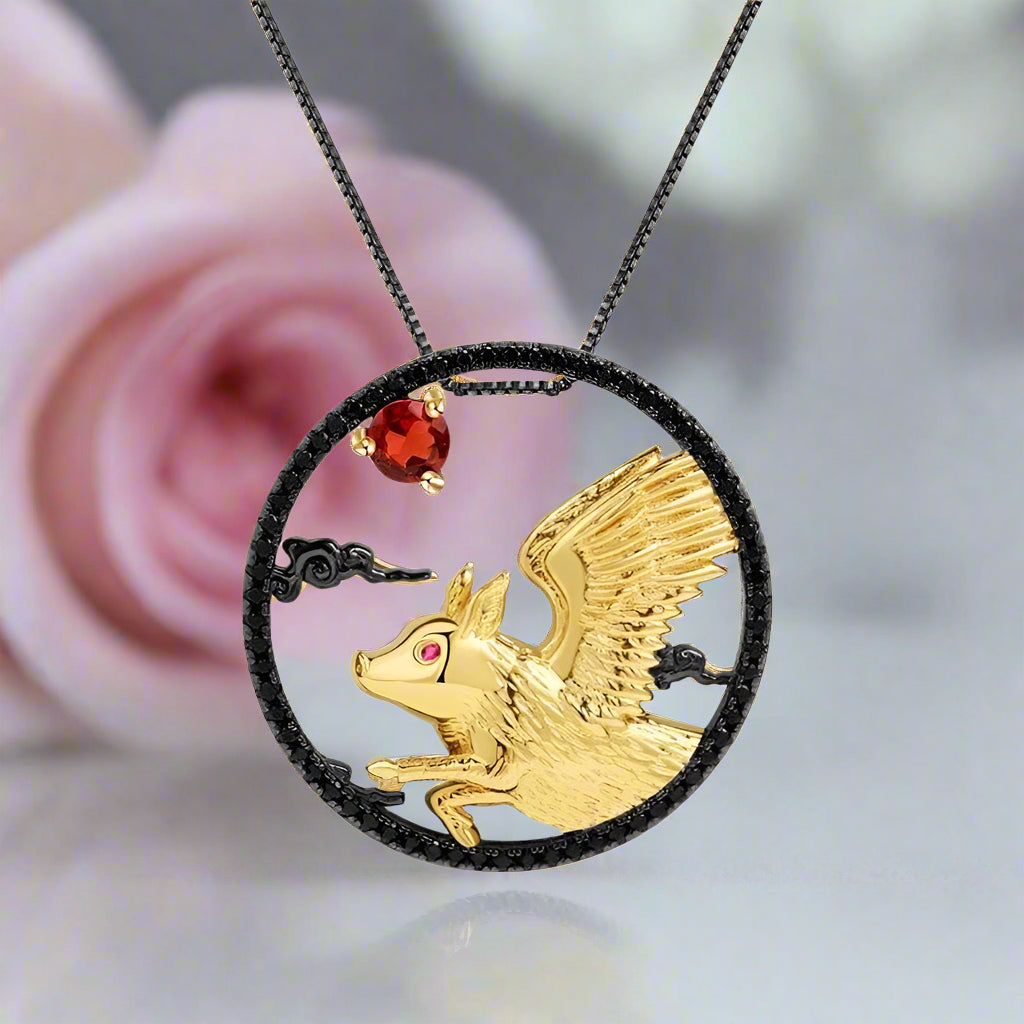 Year Of The Pig-Natural Red Garnet Handmade Pig Chivalrous Necklace-Black Diamonds New York