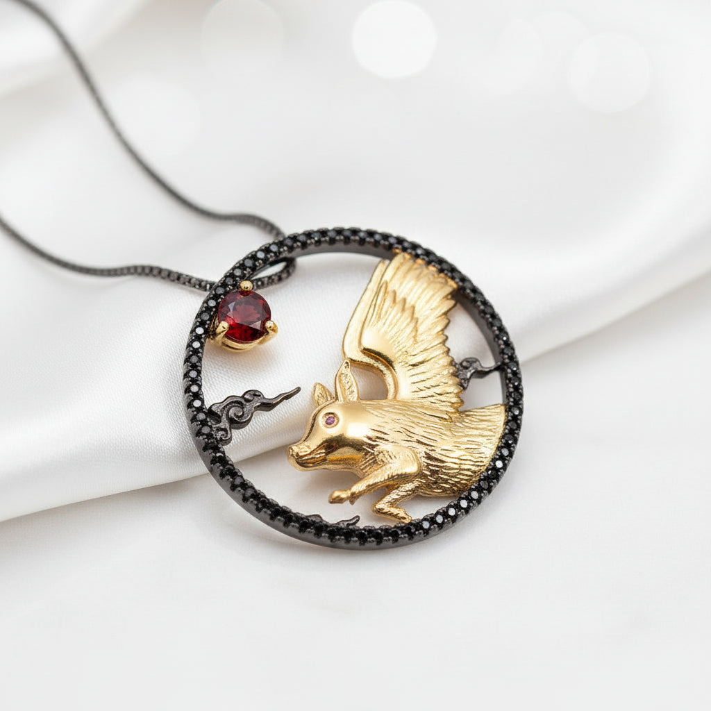 Year Of The Pig-Red Garnet Handmade Pig Chivalrous Necklace-Black Diamonds New York