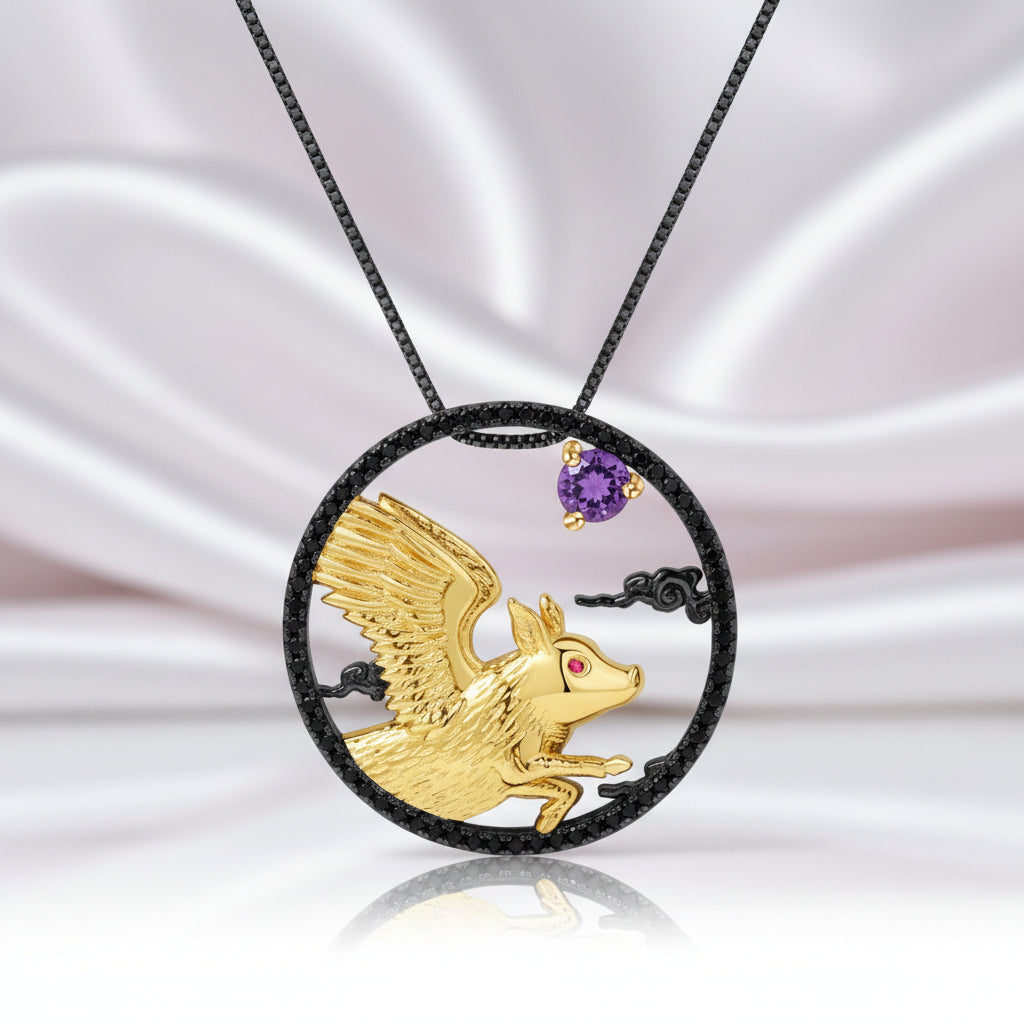 Year Of The Pig-Red Garnet Handmade Pig Chivalrous Necklace-Black Diamonds New York