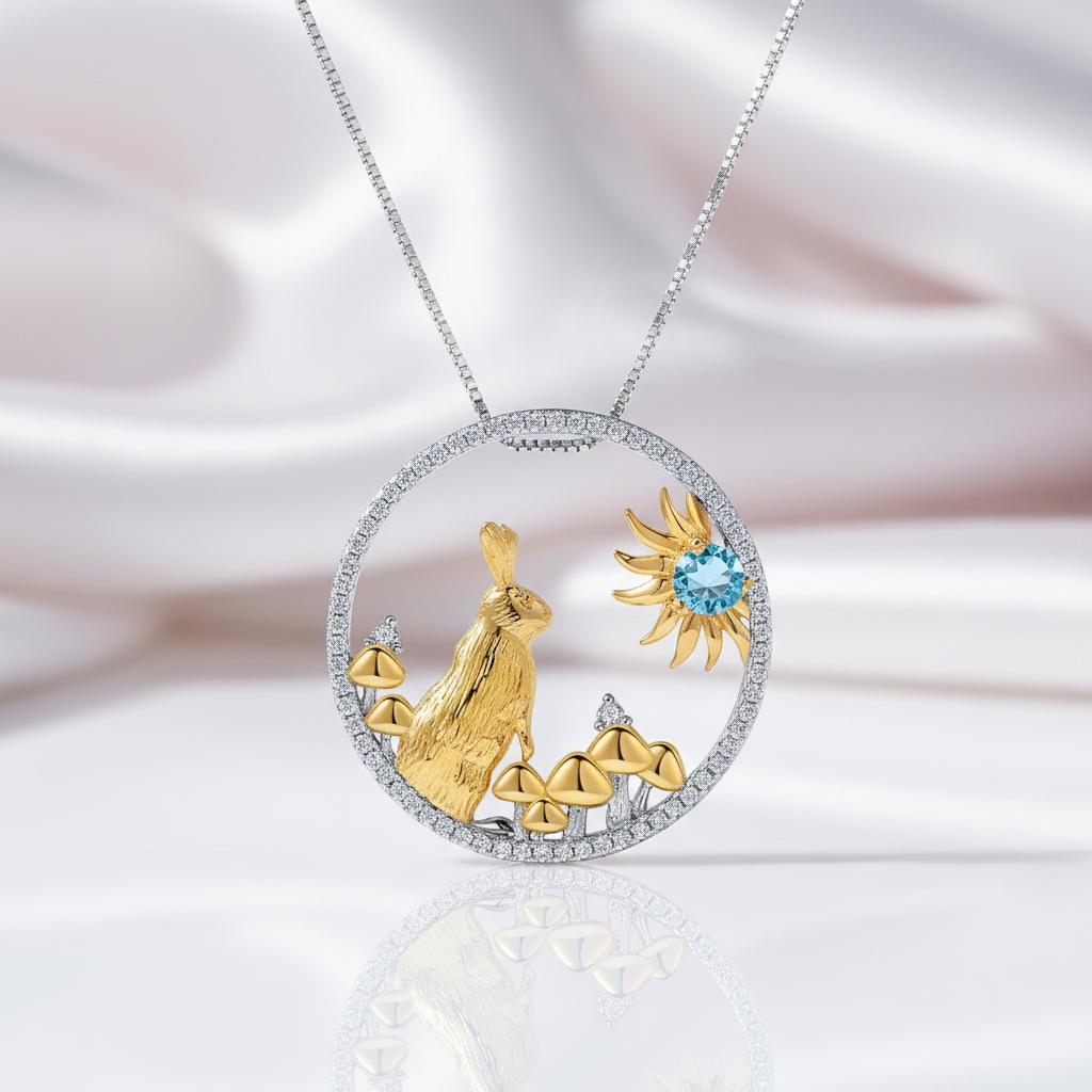 Year Of The Rabbit- Swiss Blue Topaz Gemstone Handmade Rabbit Necklace-Black Diamonds New York