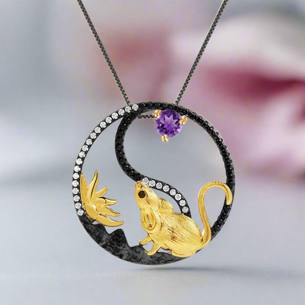 Year Of The Rat-Natural Garnet Handmade Rat Necklace-Black Diamonds New York