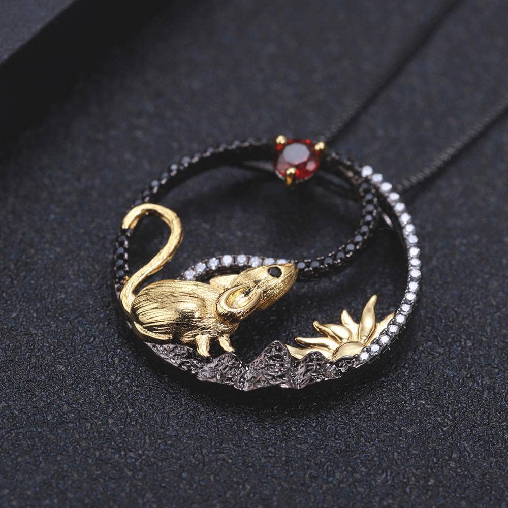 Year Of The Rat-Natural Garnet Handmade Rat Necklace-Black Diamonds New York
