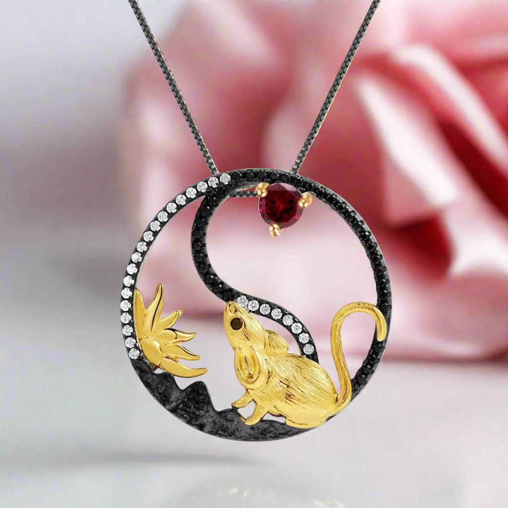 Year Of The Rat-Natural Garnet Handmade Rat Necklace-Black Diamonds New York
