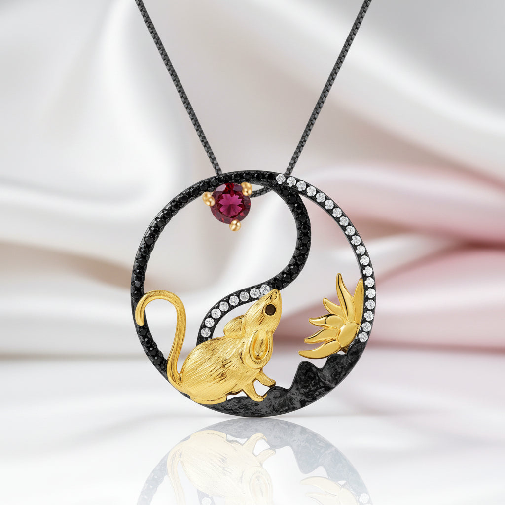 Year Of The Rat- Garnet Handmade Rat Necklace-Black Diamonds New York