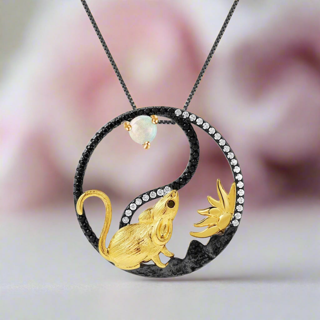 Year Of The Rat-Natural Garnet Handmade Rat Necklace-Black Diamonds New York