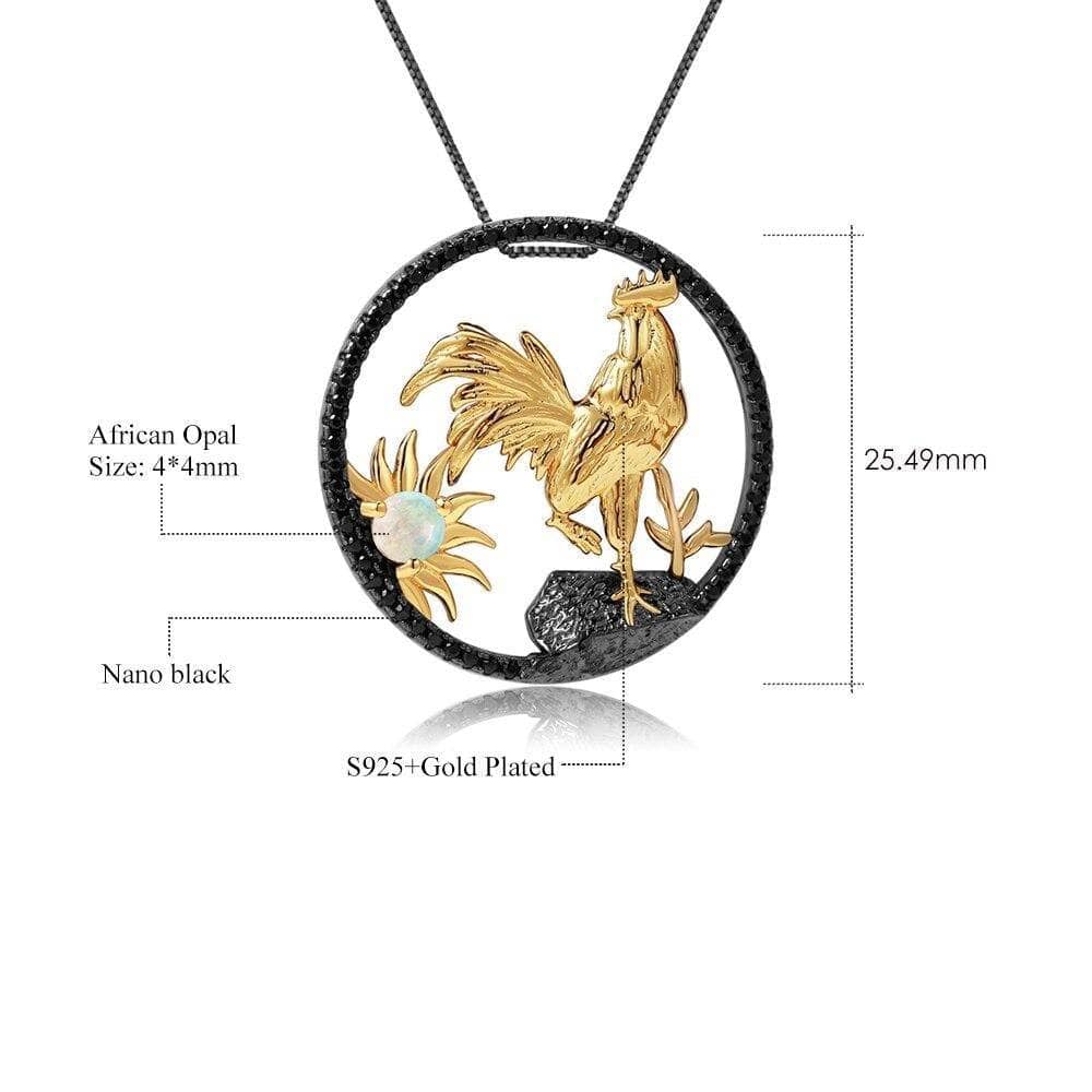 Year Of The Rooster- Natural African Opal Gemstone Rooster Necklace-Black Diamonds New York