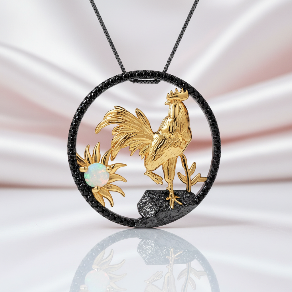 Year Of The Rooster- African Opal Gemstone Rooster Necklace-Black Diamonds New York