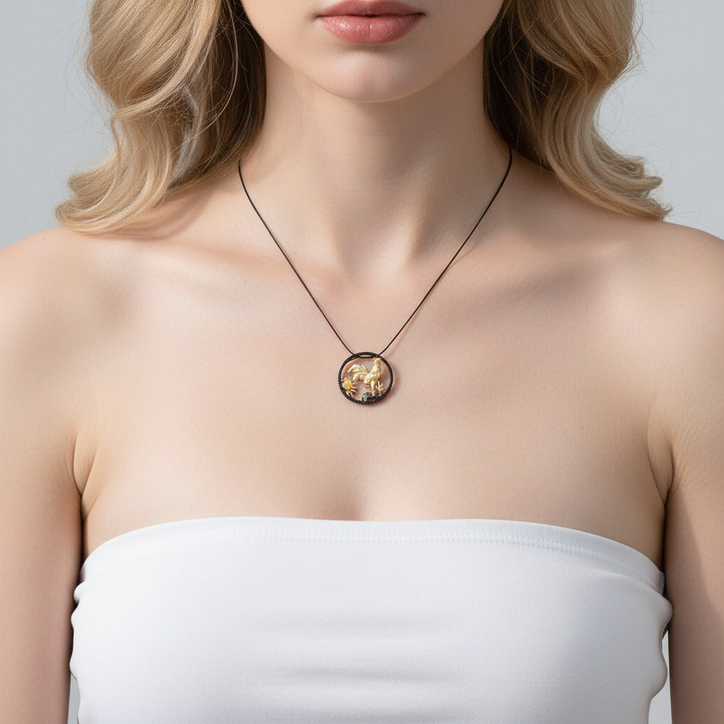 Year Of The Rooster- African Opal Gemstone Rooster Necklace-Black Diamonds New York