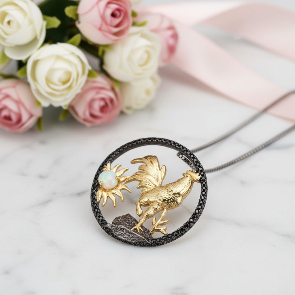 Year Of The Rooster- African Opal Gemstone Rooster Necklace-Black Diamonds New York