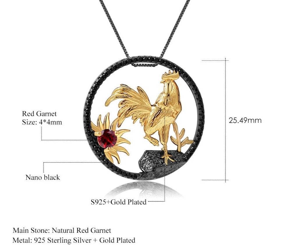 Year Of The Rooster-Natural Red Garnet Handmade Rooster Necklace - Black Diamonds New York