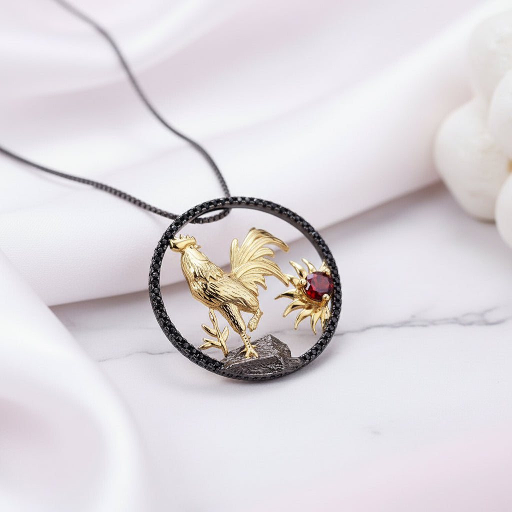 Year Of The Rooster- Red Garnet Handmade Rooster Necklace-Black Diamonds New York