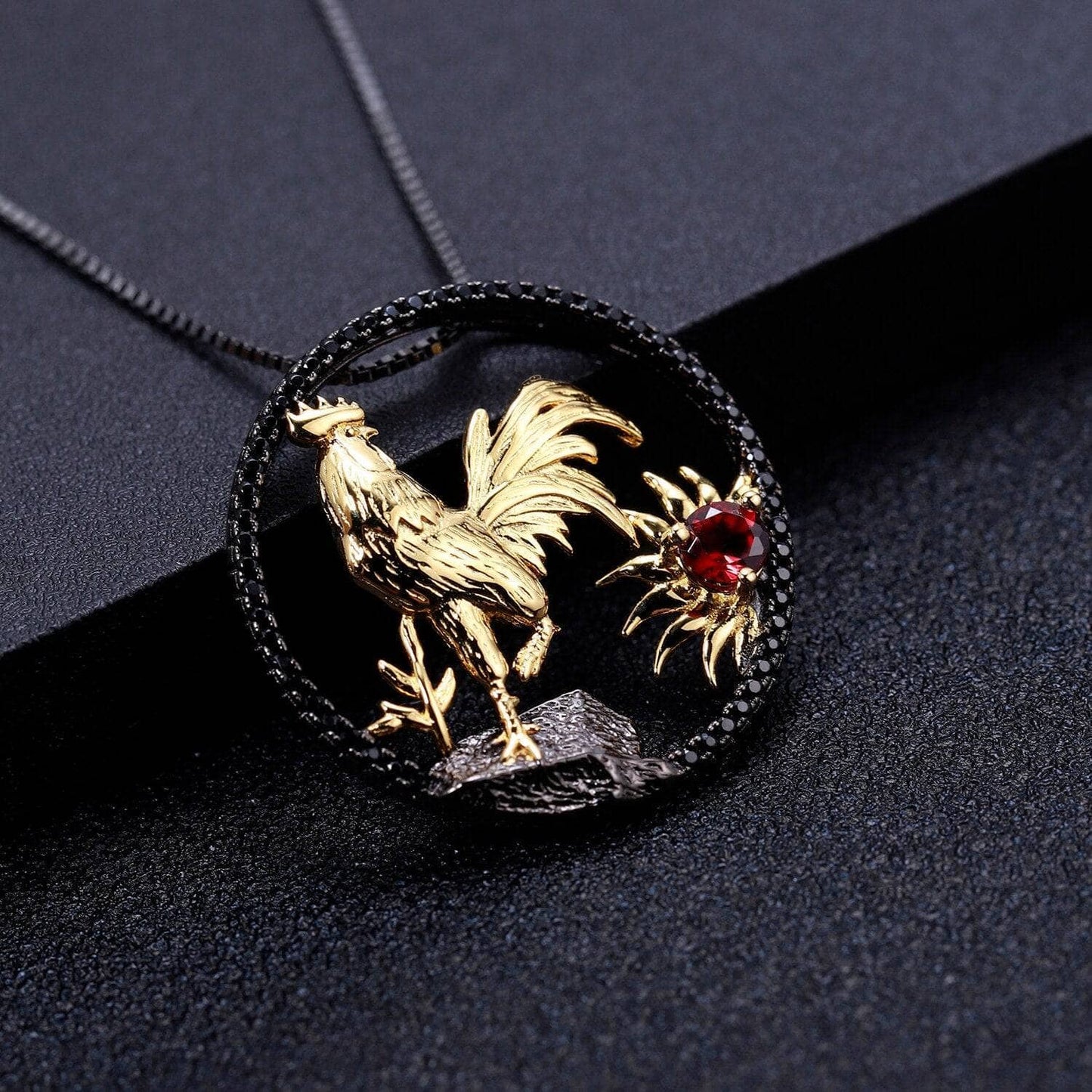 Year Of The Rooster-Natural Red Garnet Handmade Rooster Necklace - Black Diamonds New York