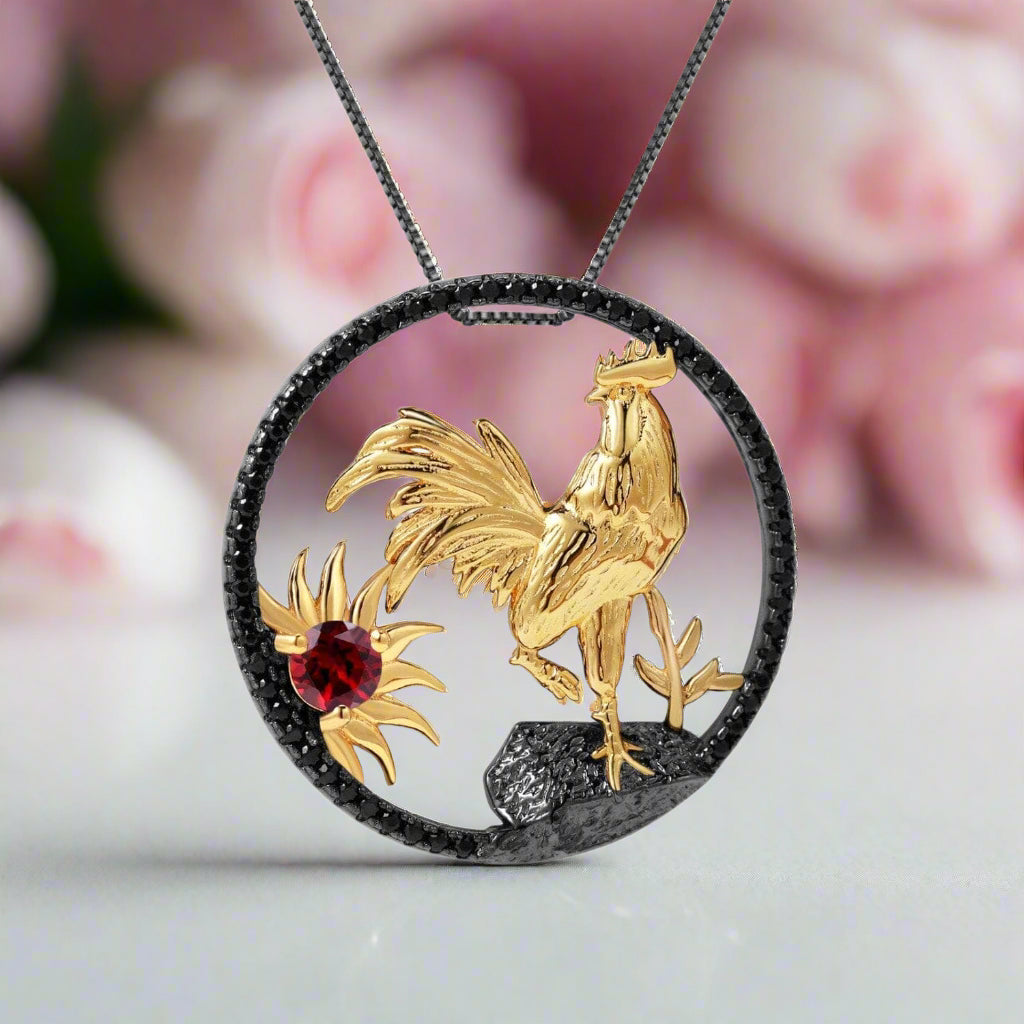 Year Of The Rooster-Natural Red Garnet Handmade Rooster Necklace-Black Diamonds New York