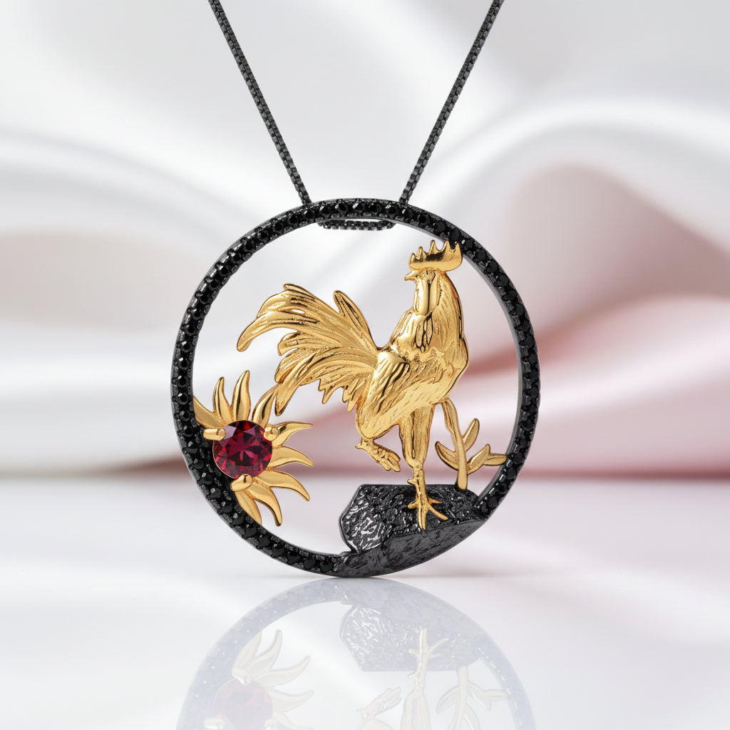 Year Of The Rooster- Red Garnet Handmade Rooster Necklace-Black Diamonds New York