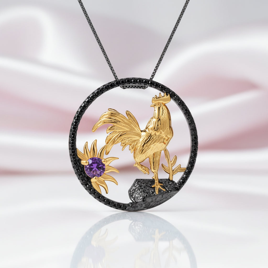 Year Of The Rooster- Red Garnet Handmade Rooster Necklace-Black Diamonds New York