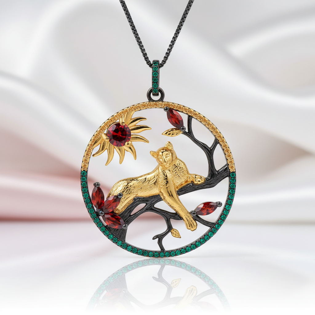 Year Of The Tiger- 1.64 Ct Red Garnet Leopard on the Tree Necklace-Black Diamonds New York