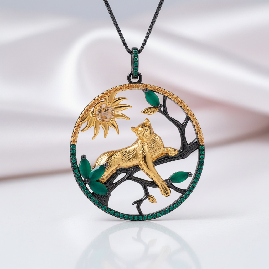 Year Of The Tiger- Citrine Agate Leopard on the Tree Necklace-Black Diamonds New York