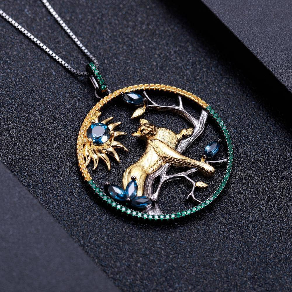 Year Of The Tiger- Natural London Blue Topaz Tiger Necklace-Black Diamonds New York