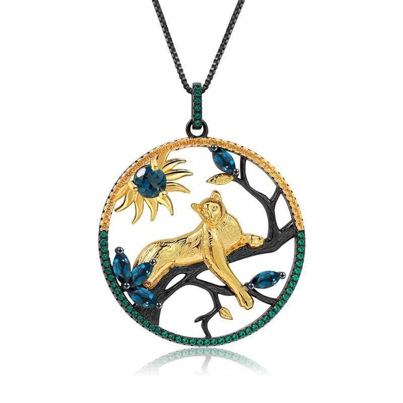Year Of The Tiger- Natural London Blue Topaz Tiger Necklace-Black Diamonds New York