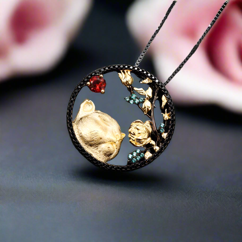 Year Of The Tiger-Natural Red Garnet Gemstone Tiger Sniffs The Rose Necklace-Black Diamonds New York