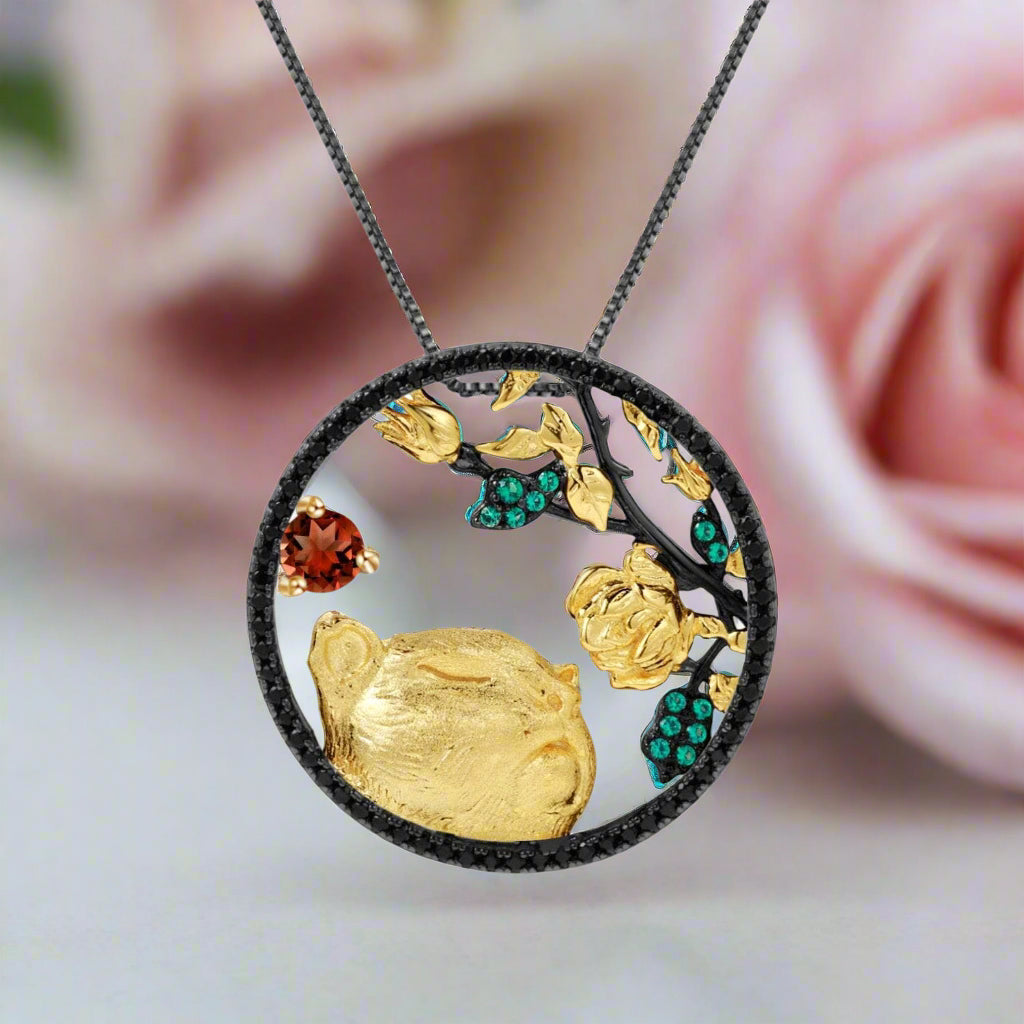 Year Of The Tiger-Natural Red Garnet Gemstone Tiger Sniffs The Rose Necklace-Black Diamonds New York