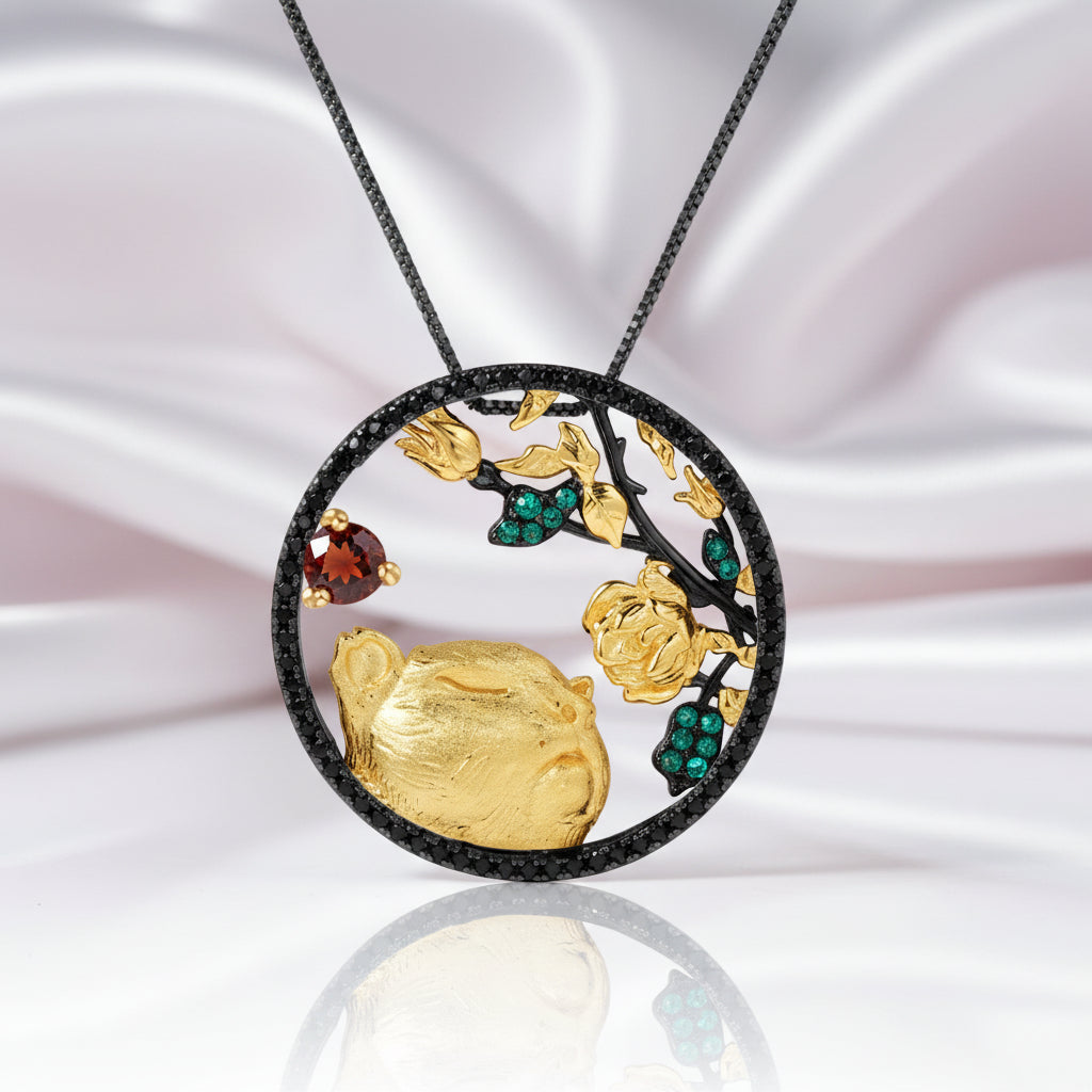 Year Of The Tiger- Red Garnet Gemstone Tiger Sniffs The Rose Necklace-Black Diamonds New York
