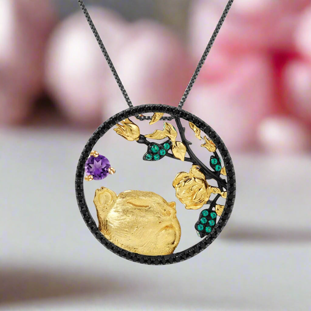 Year Of The Tiger-Natural Red Garnet Gemstone Tiger Sniffs The Rose Necklace-Black Diamonds New York