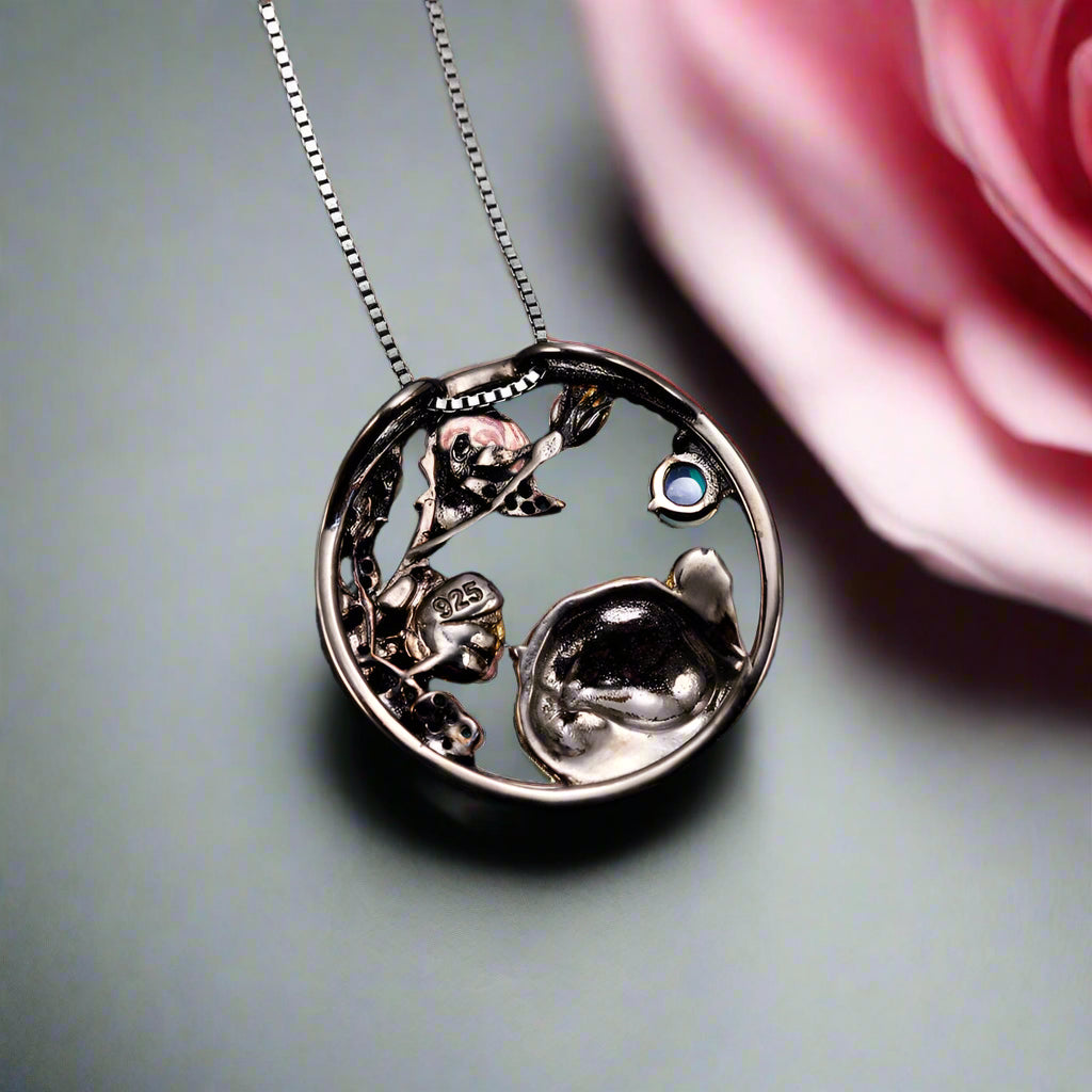 Year Of The Tiger-Natural Red Garnet Gemstone Tiger Sniffs The Rose Necklace-Black Diamonds New York