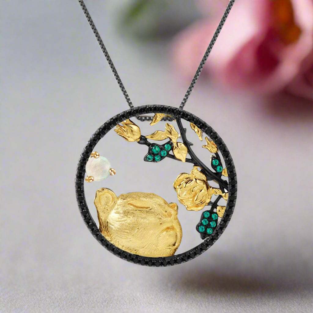 Year Of The Tiger-Natural Red Garnet Gemstone Tiger Sniffs The Rose Necklace-Black Diamonds New York