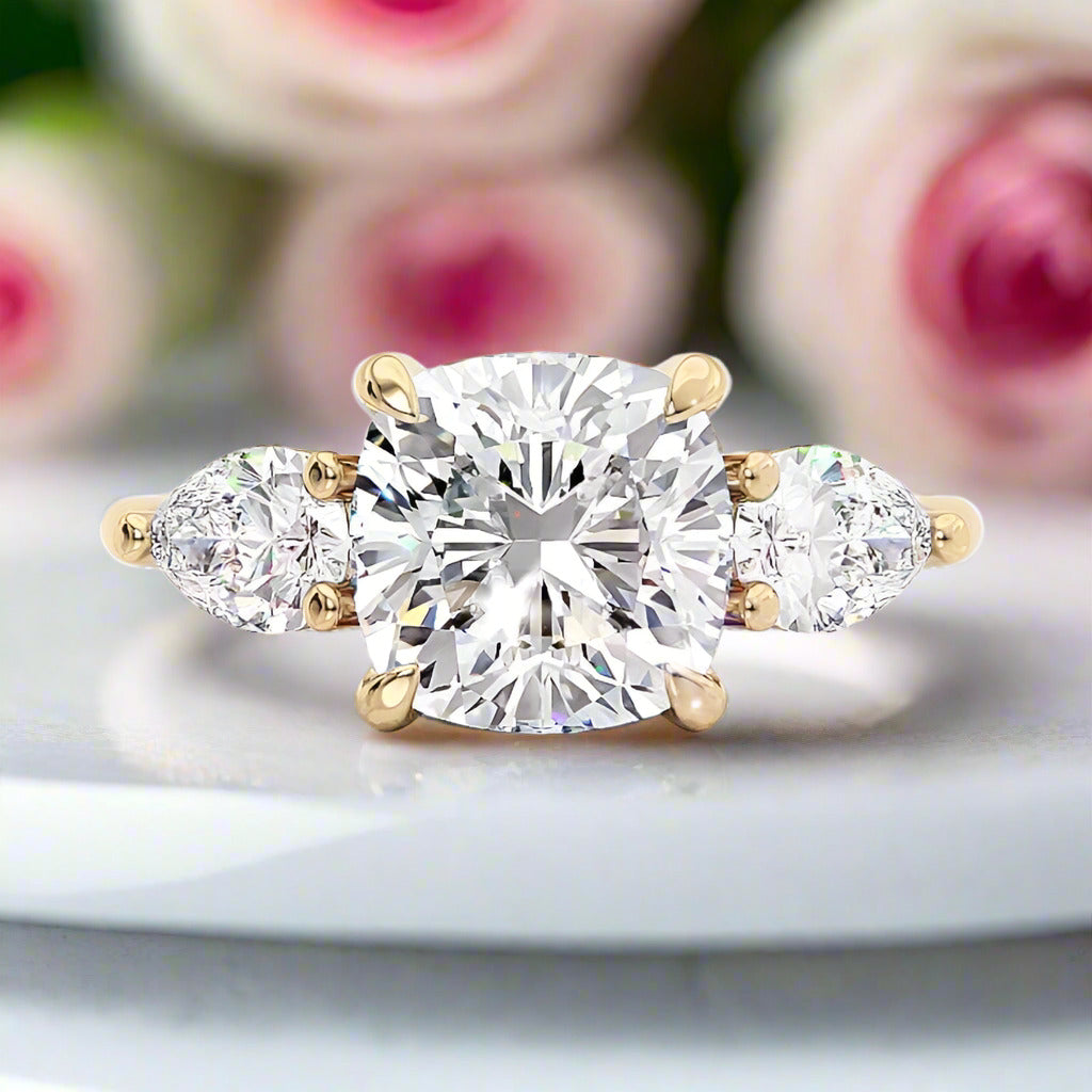 Yellow Gold 1.5ct Cushion Cut Three Stone Engagement-Black Diamonds New York