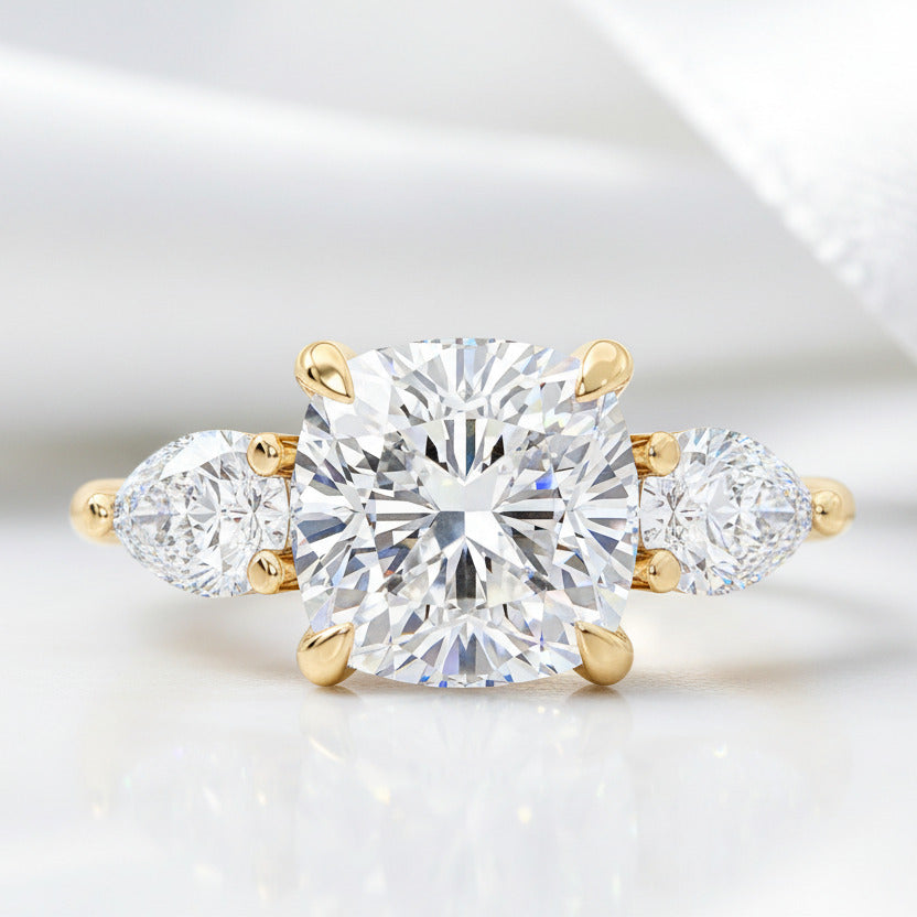 Yellow Gold 1.5ct Cushion Cut Three Stone Engagement-Black Diamonds New York