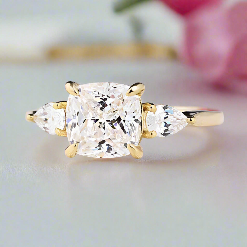 Yellow Gold 1.5ct Cushion Cut Three Stone Engagement-Black Diamonds New York