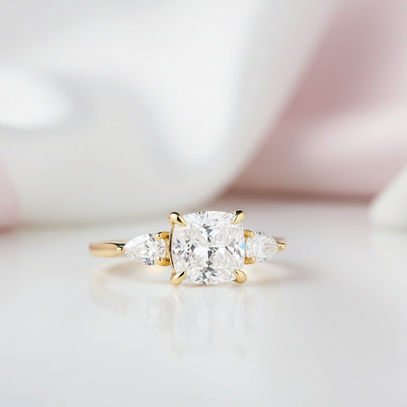 Yellow Gold 1.5ct Cushion Cut Three Stone Engagement-Black Diamonds New York