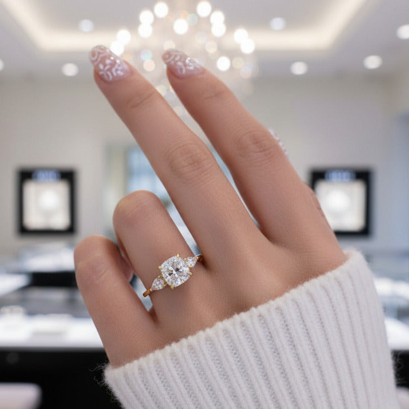 Yellow Gold 1.5ct Cushion Cut Three Stone Engagement-Black Diamonds New York