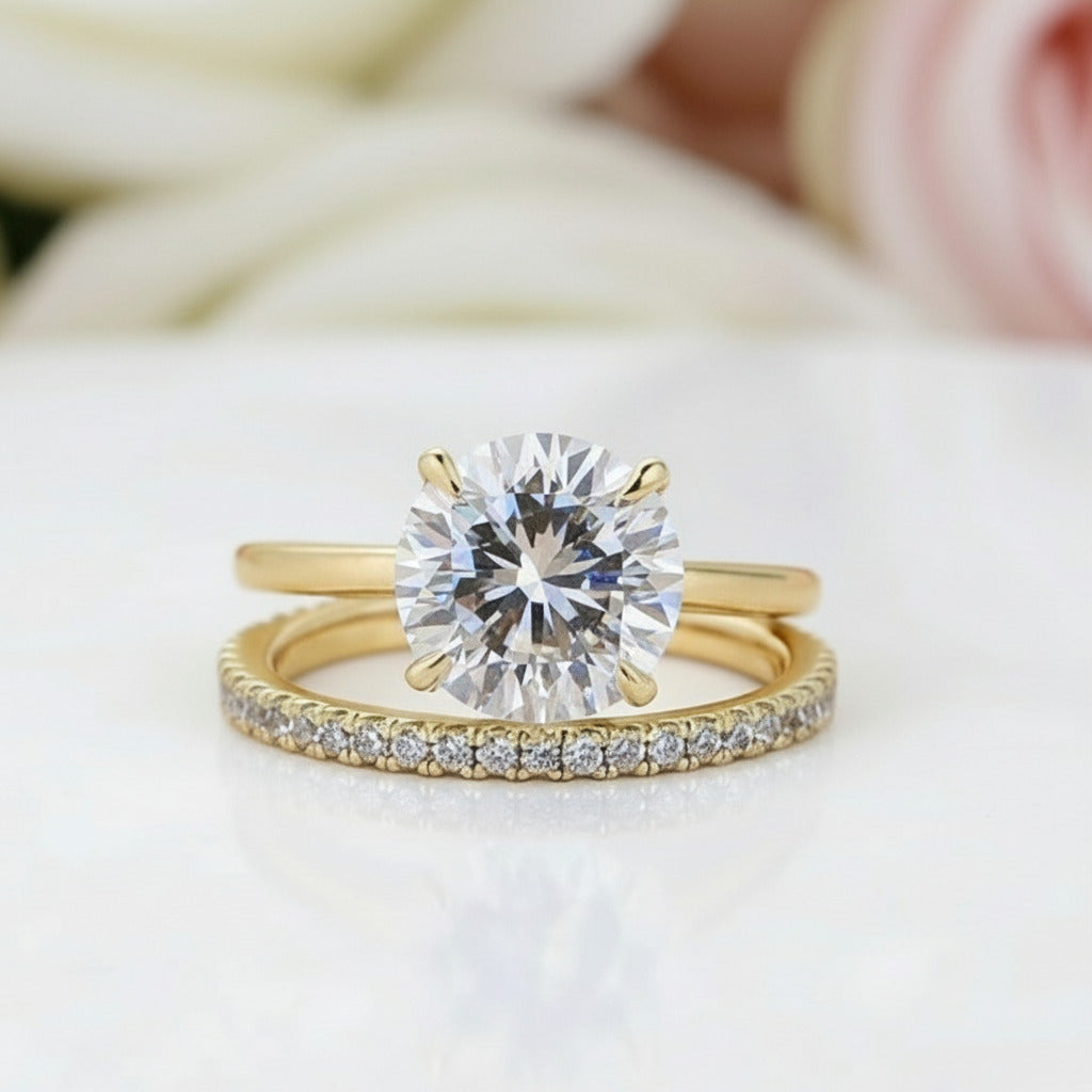 Yellow Gold 2.5 ct Round Cut Solitaire Simulated Diamond Bridal Set-Black Diamonds New York