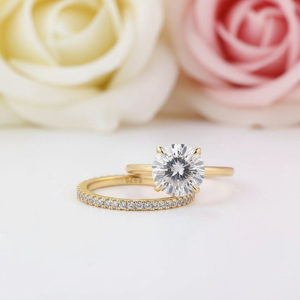 Yellow Gold 2.5 ct Round Cut Solitaire Simulated Diamond Bridal Set-Black Diamonds New York