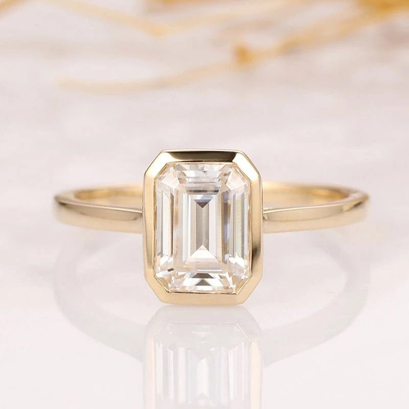 Yellow Gold 3ct Emerald Cut Moissanite Engagement Ring-Black Diamonds New York