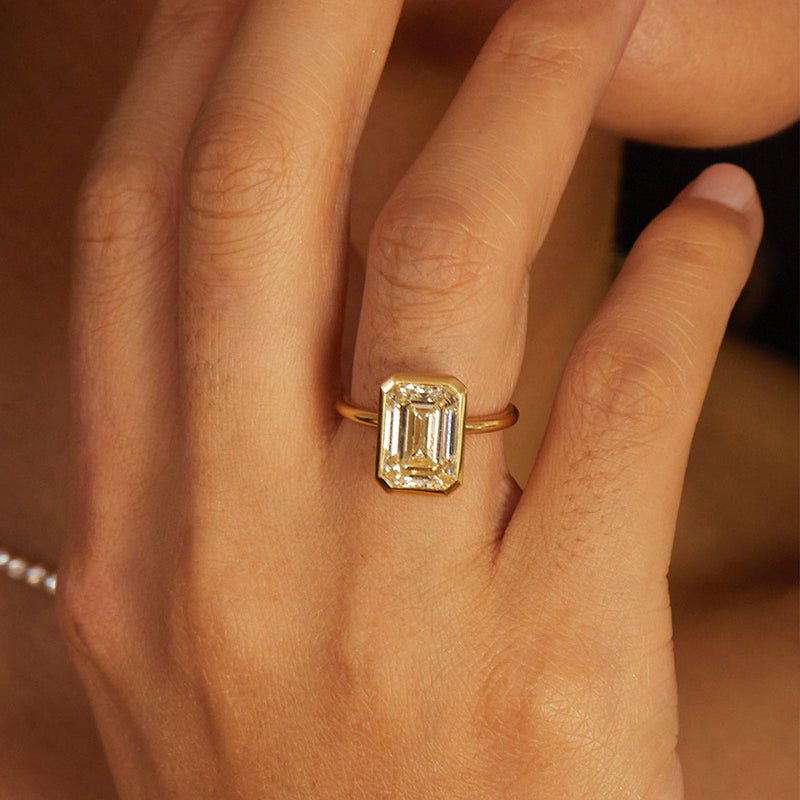 Yellow Gold 3ct Emerald Cut Moissanite Engagement Ring - Black Diamonds New York