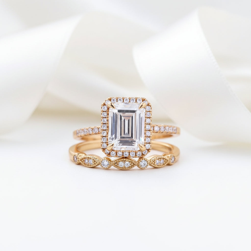 Yellow Gold 4.0 CT Emerald Cut Wedding Ring Set-Black Diamonds New York